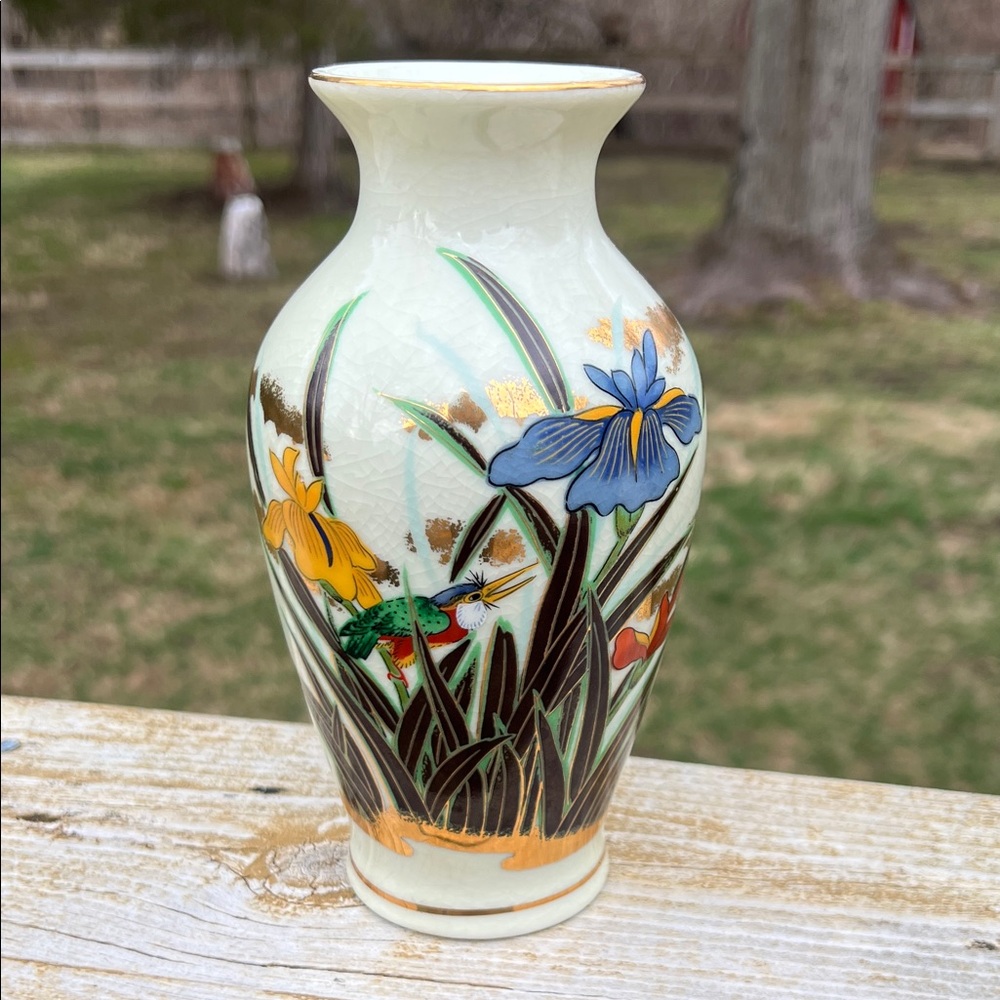 Hand-Painted Floral Ceramic Vase with Gold Accents